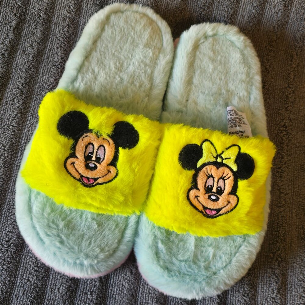 Disney Mickey and Minnie Mouse Neon Fuzzy Slippers slip ons Adults 5/6 - NEW S2